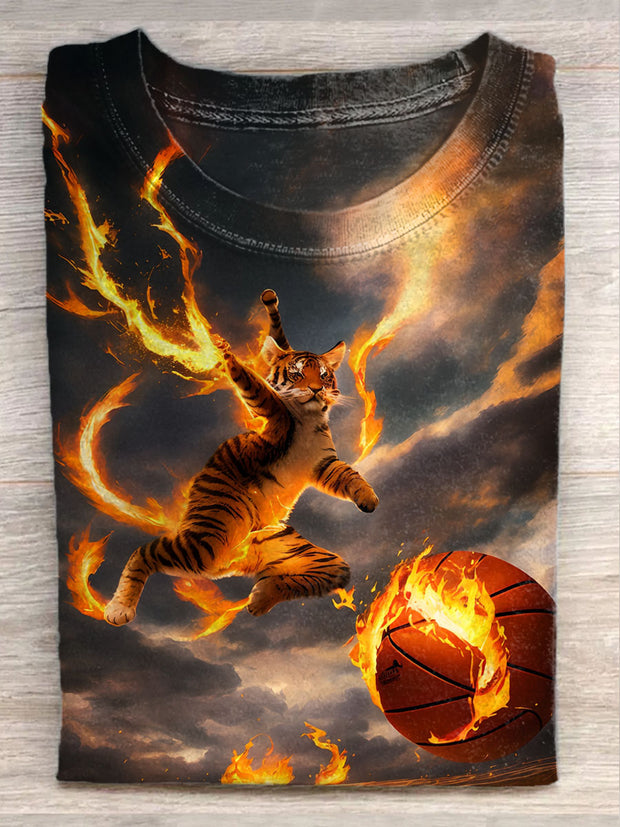 Unisex Fire Basketball Art Illustration Printed Casual T-Shirt