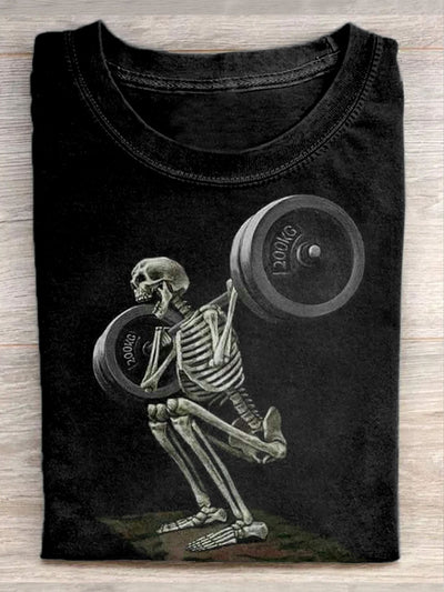 Unisex Skull Weightlifting Art Illustration Print Casual Round Neck T-Shirt