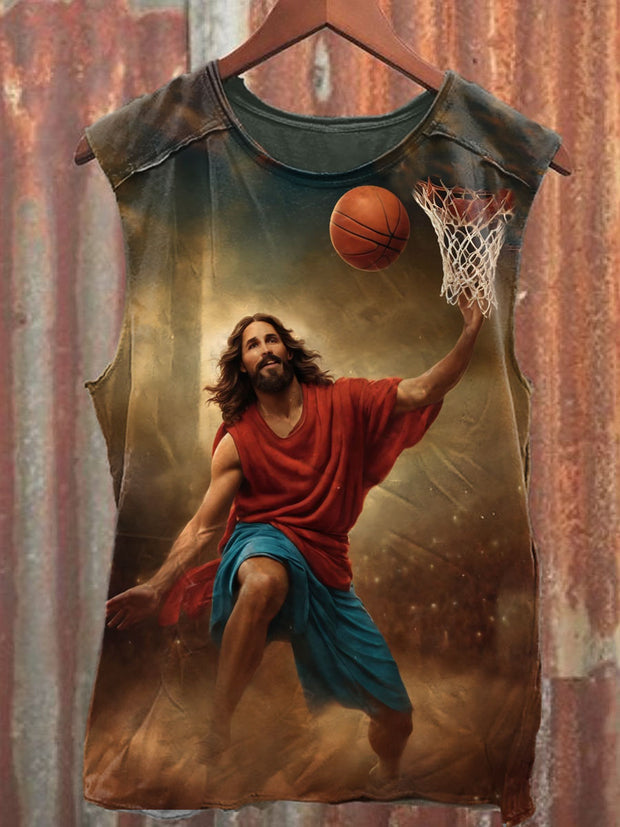 Unisex Jesus Playing Basketball Art Illustration Printed Casual Tank Top