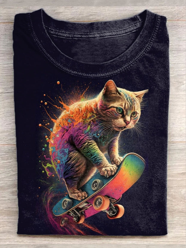 Unisex Funny Cat Art Illustration Print Casual Short Sleeve T-Shirt