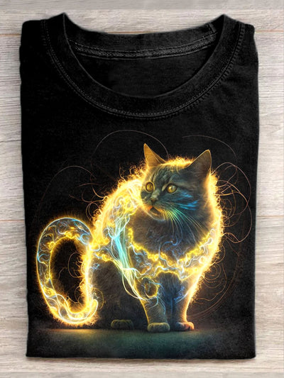 Unisex Fantasy Cat Art Illustration Print Casual T-Shirt