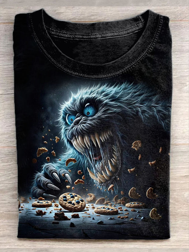 Unisex Greedy Monster Illustration Print Casual T-Shirt