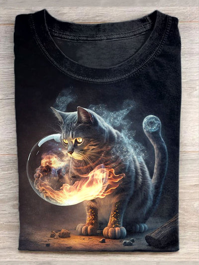 Unisex Fantasy Cat Art Illustration Print Casual T-Shirt