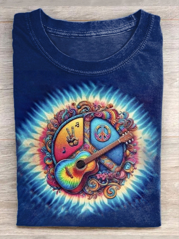 Unisex Hippie Guitar Art Illustration Print Casual Round Neck T-Shirt