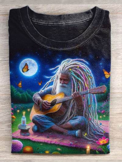 Unisex Hippie Guitar Art Illustration Print Casual Round Neck T-Shirt