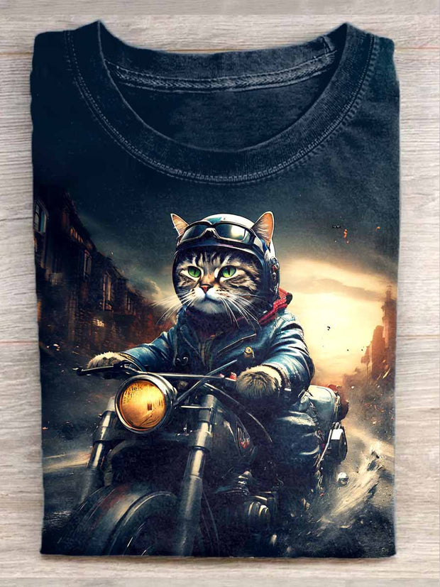 Unisex Motorcycle Cat Art Illustration Print Casual Round Neck T-Shirt