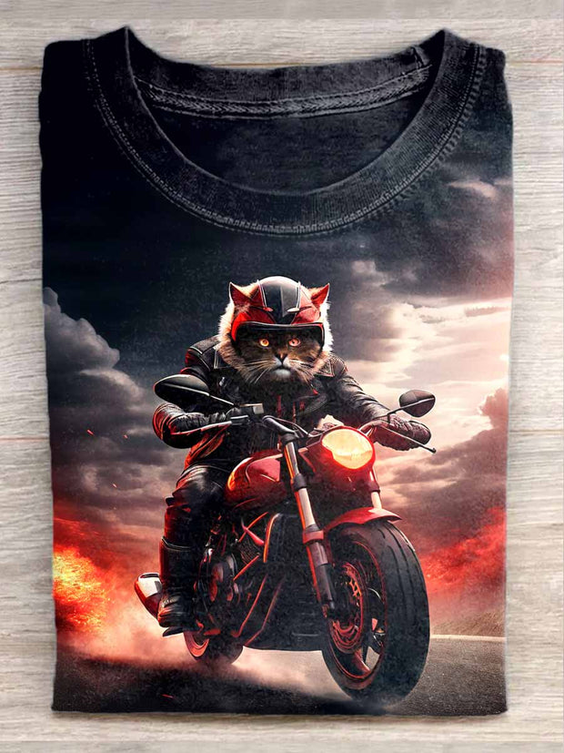 Unisex Motorcycle Cat Art Illustration Print Casual Round Neck T-Shirt