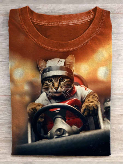 Unisex Kart Cat Art Illustration Print Casual Round Neck T-Shirt