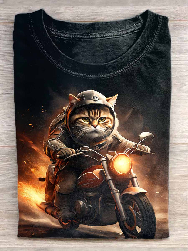 Unisex Motorcycle Cat Art Illustration Print Casual Round Neck T-Shirt