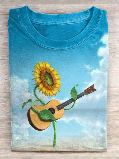 Unisex Sunflower Playing Guitar Art Illustration Printed Casual T-Shirt