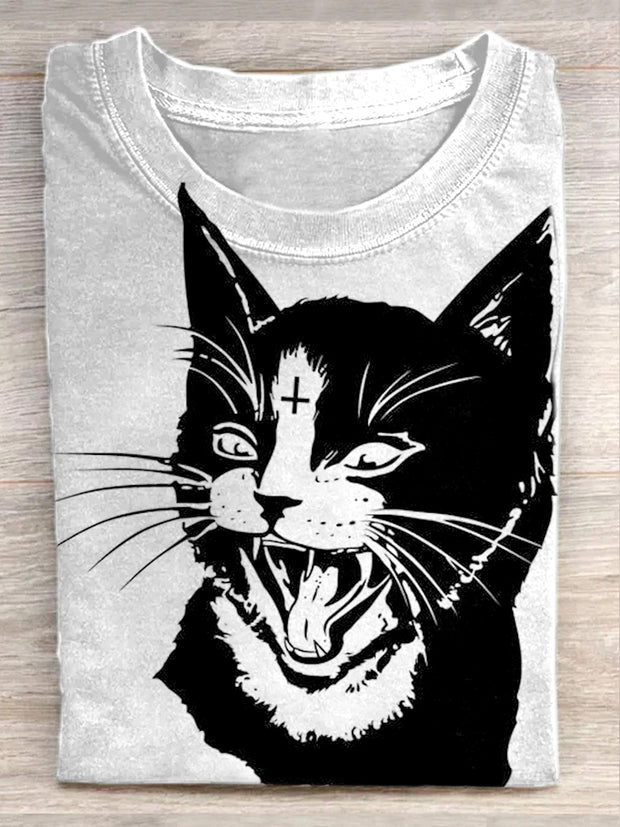 Unisex Funny Cat Illustration Print Casual Round Neck T-Shirt