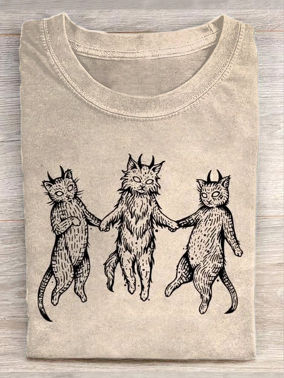 Unisex Funny Cat Illustration Print Casual Round Neck T-Shirt