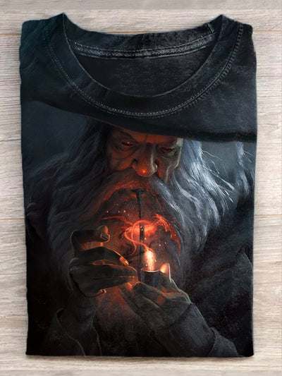 Unisex Wizard Gandalf Illustration Print Casual Round Neck T-Shirt