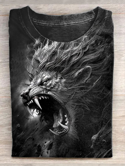 Unisex Fierce Lion Art Illustration Print Casual T-Shirt