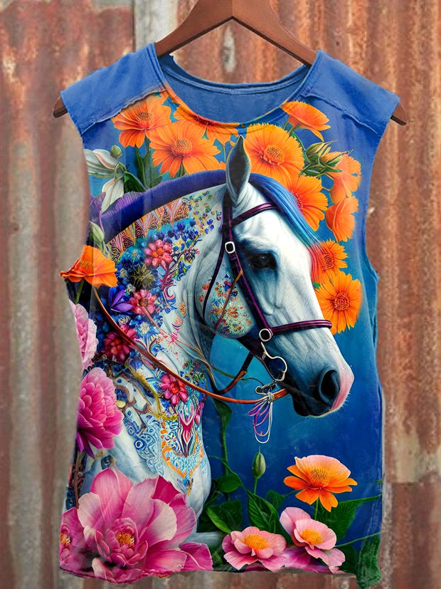 Unisex Fantasy Floral Horse Art Illustration Printed Casual Tank Top