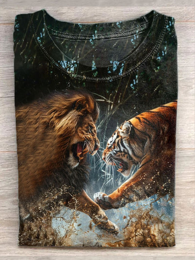 Unisex Lion And Tiger Fight Art Illustration Print Casual T-Shirt