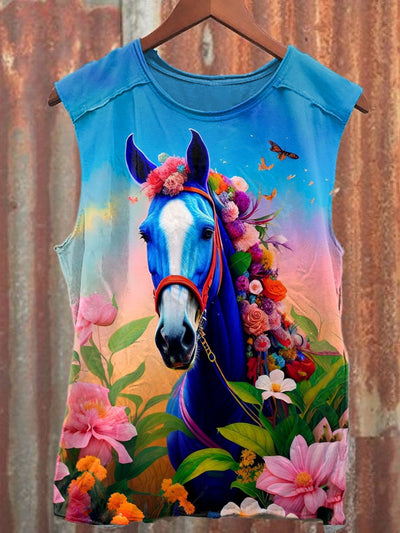 Unisex Fantasy Floral Horse Art Illustration Printed Casual Tank Top