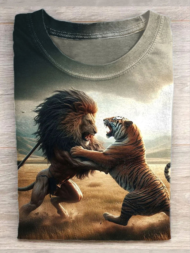 Unisex Lion And Tiger Fight Art Illustration Print Casual T-Shirt