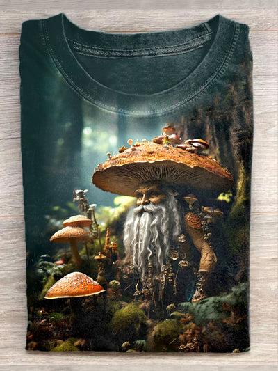 Unisex Fantasy Mushroom Old Man Art Illustration Printed Casual T-Shirt