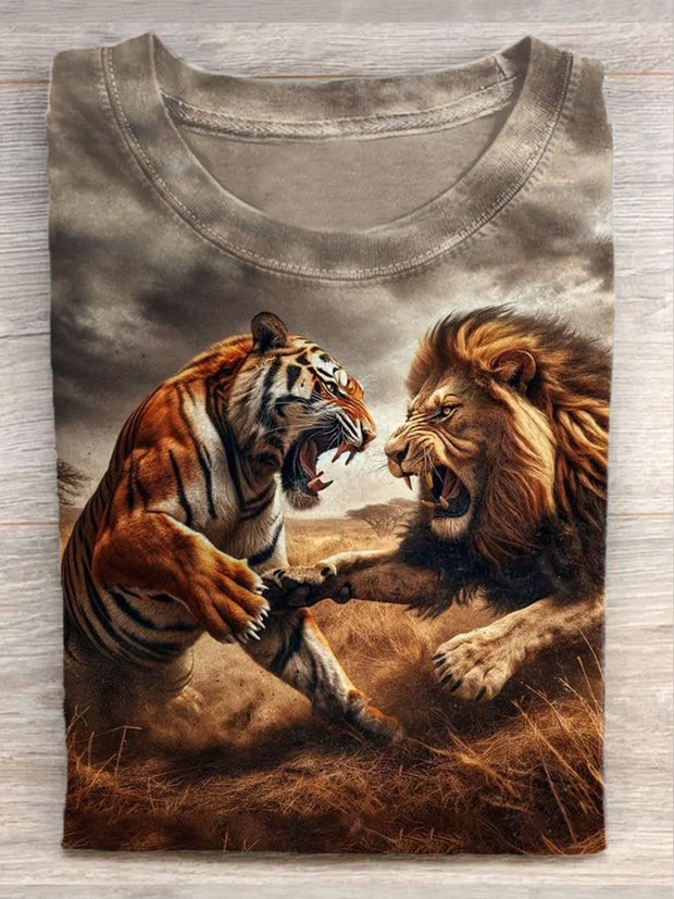 Unisex Lion And Tiger Fight Art Illustration Print Casual T-Shirt