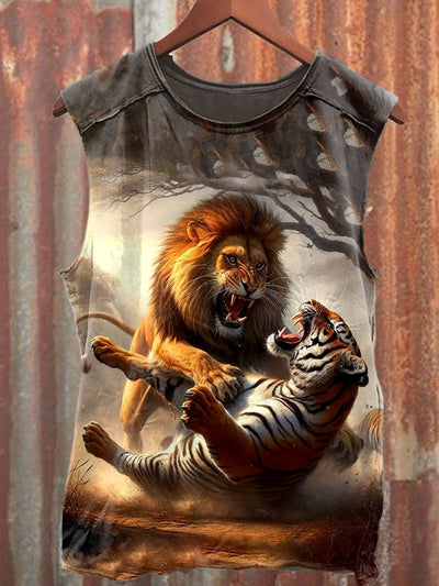 Unisex Lion And Tiger Fight Art Illustration Printed Casual Tank Top