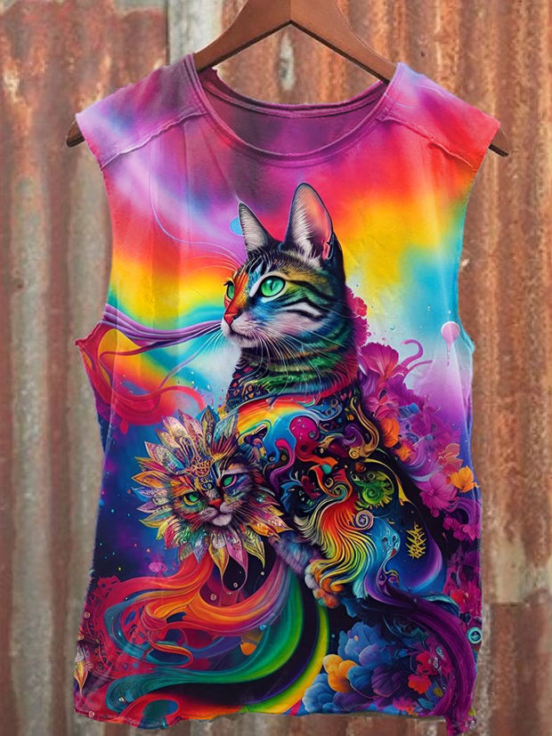 Unisex Fantasy Colorful Cat Art Illustration Print Casual Tank Top