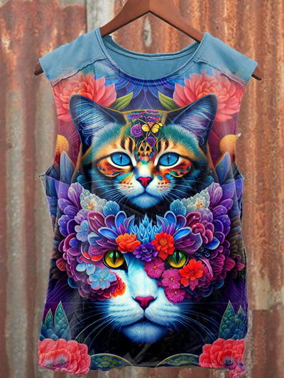 Unisex Fantasy Colorful Cat Art Illustration Print Casual Tank Top