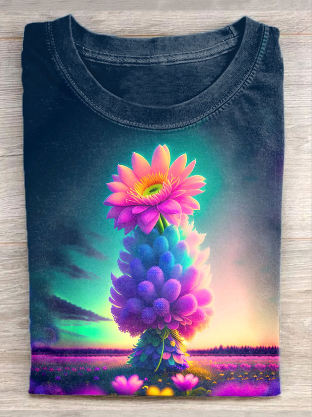 Unisex Fantasy Flower Art Illustration Print Casual Round Neck T-Shirt