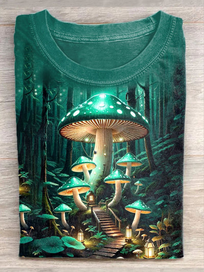 Unisex Fantasy Mushroom House Art Illustration Printed Casual T-Shirt