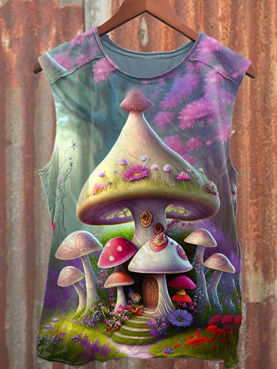 Unisex Fantasy Mushroom House Art Illustration Printed Casual Tank Top