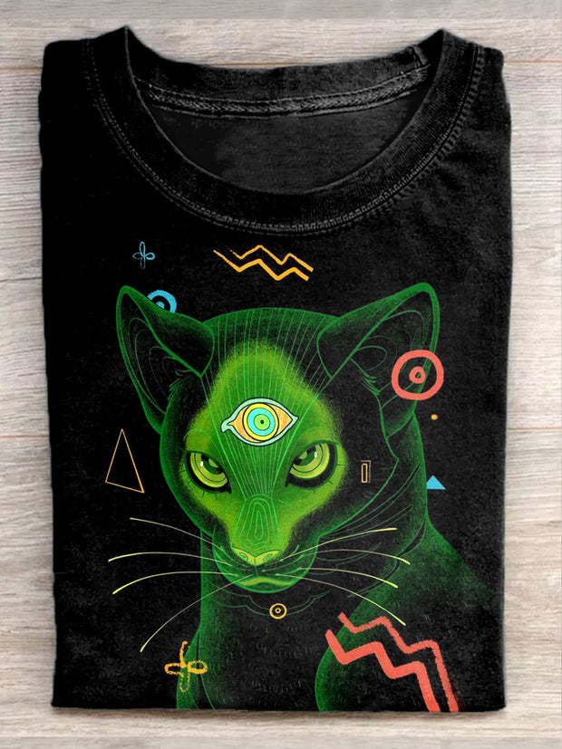 Unisex Sci-Fi Cat Art Illustration Print Casual Round Neck T-Shirt