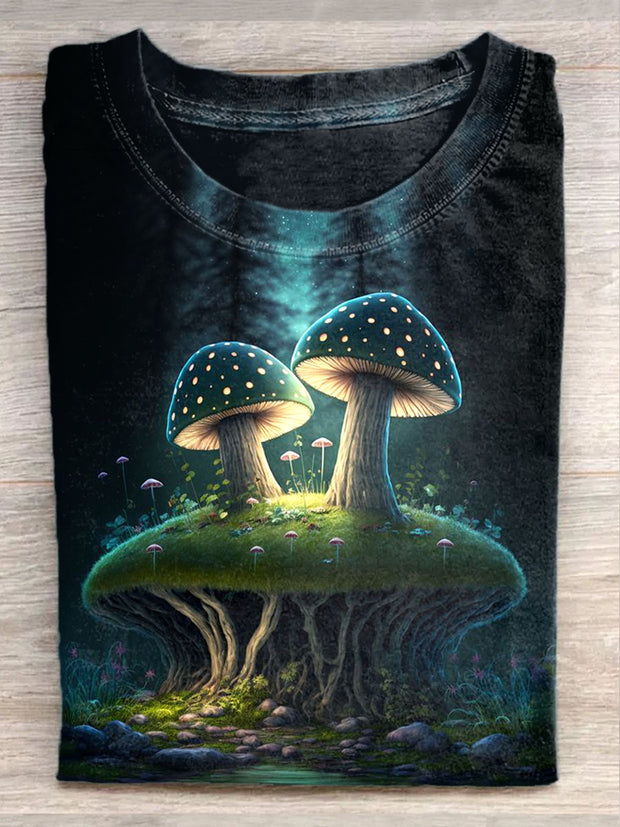 Unisex Fantasy Mushroom House Art Illustration Printed Casual T-Shirt