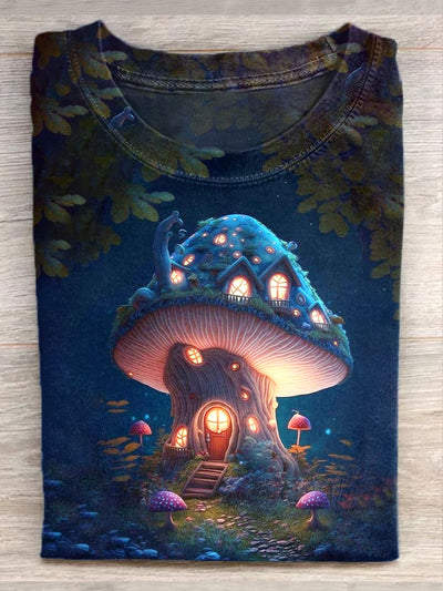 Unisex Fantasy Mushroom House Art Illustration Printed Casual T-Shirt