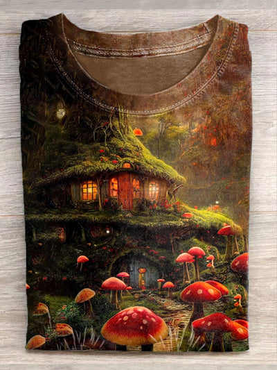 Unisex Fantasy Mushroom House Art Illustration Printed Casual T-Shirt