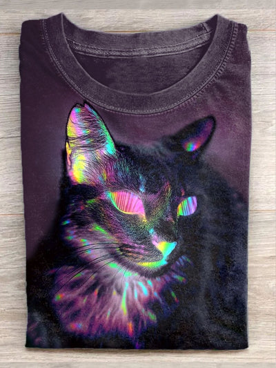 Unisex Fantasy Cat Art Illustration Print Casual Round Neck T-Shirt