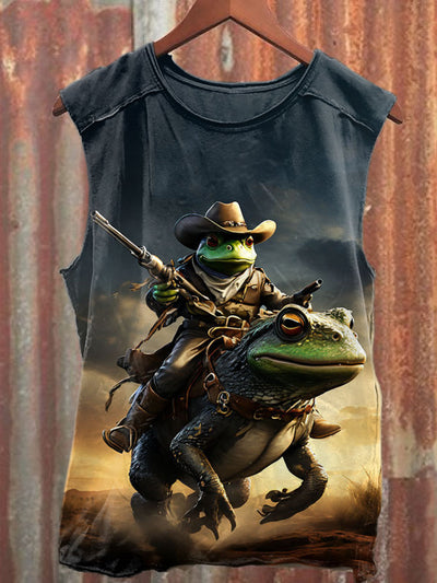 Unisex Western Cowboy Frog Art Illustration Printed Casual Tank Top