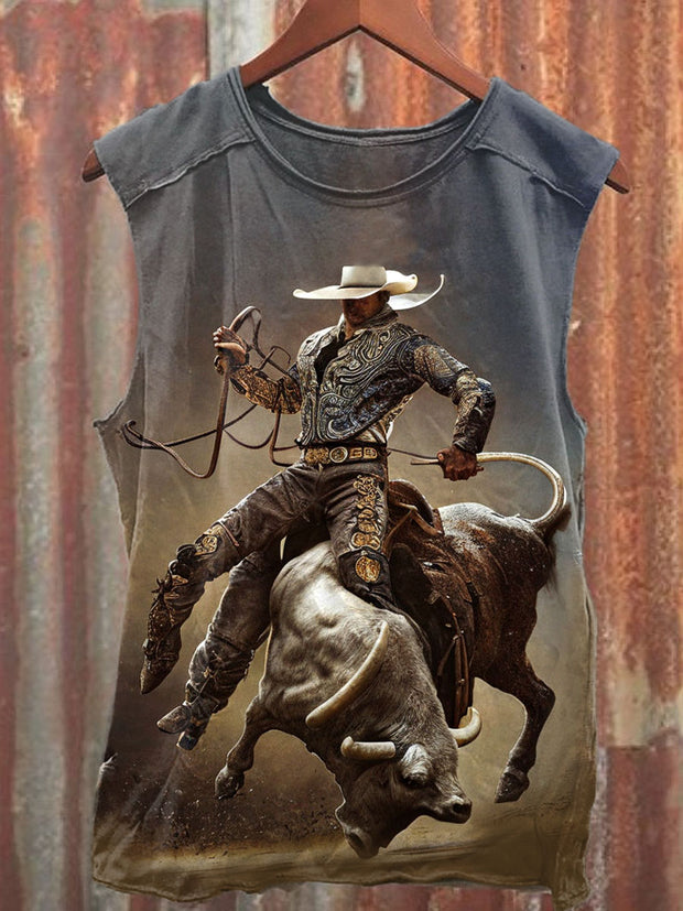 Unisex Bull Riding Rodeo Art Illustration Printed Casual Tank Top