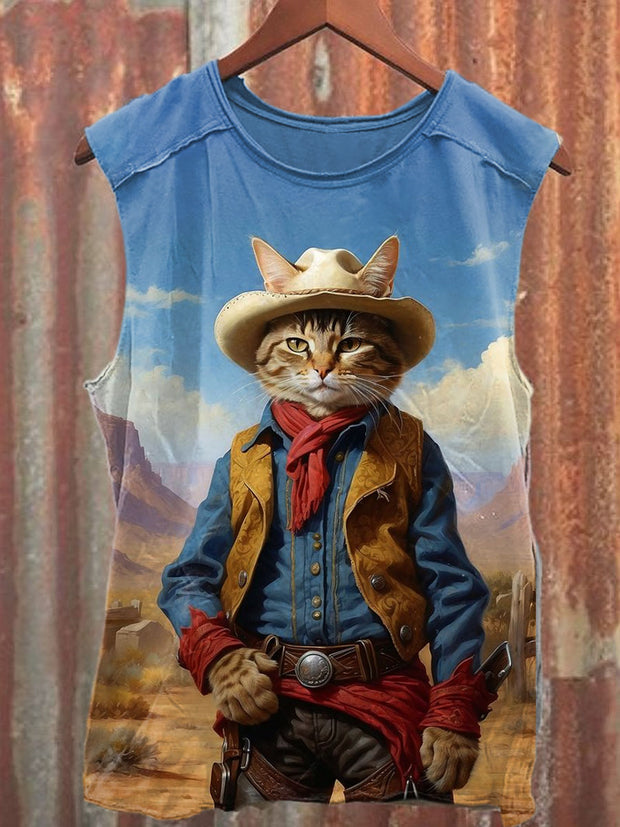 Unisex Western Cowboy Cat Art Illustration Print Casual Tank Top