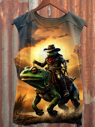 Unisex Western Cowboy Frog Art Illustration Printed Casual Tank Top