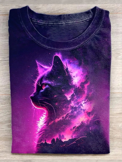 Unisex Fantasy Cat Art Illustration Print Casual Round Neck T-Shirt