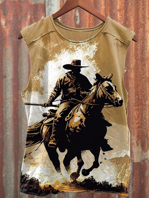 Unisex Western Cowboy Art Illustration Print Casual Tank Top