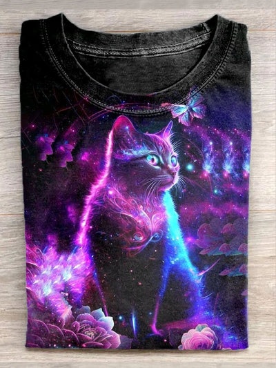 Unisex Fantasy Color Cat Art Illustration Printed Casual T-Shirt