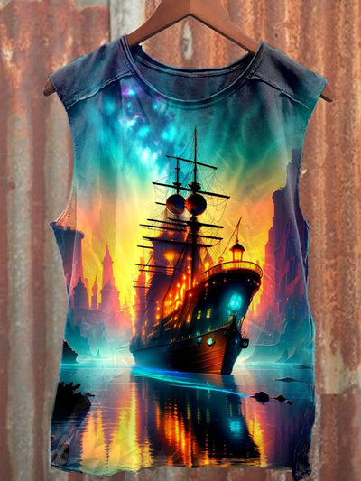 Unisex Fantasy Pirate Ship Art Illustration Printed Casual Tank Top