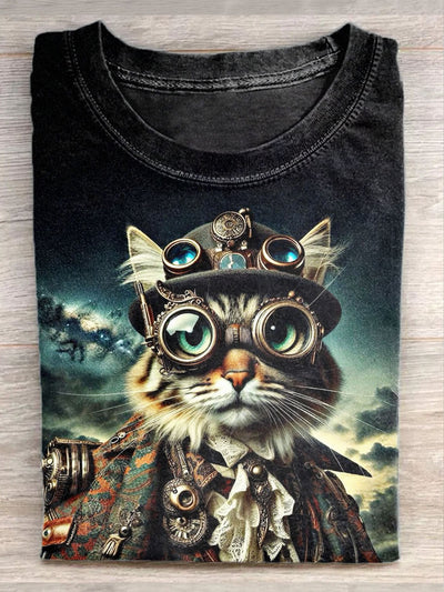 Unisex Adventure Cat Art Illustration Print Casual Round Neck T-Shirt