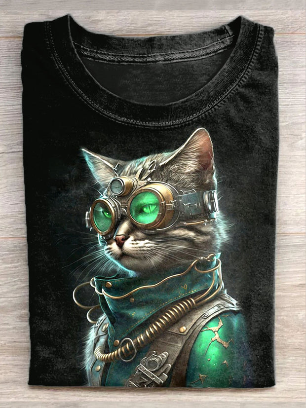 Unisex Mechanical Cat Art Illustration Print Casual Round Neck T-Shirt