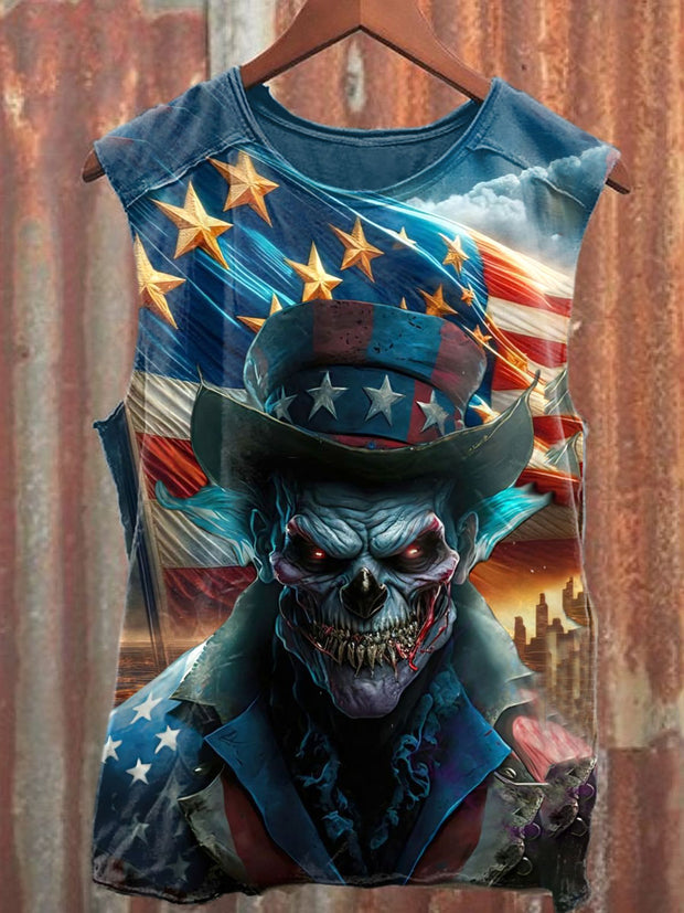 Unisex American Flag Skull Art Illustration Print Casual Tank Top