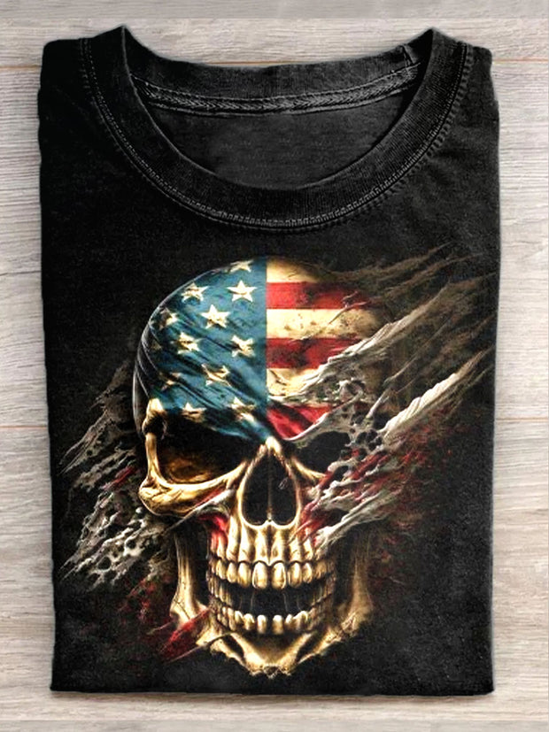 Unisex American Flag Skull Art Illustration Print Casual T-Shirt