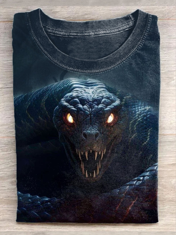 Unisex Ferocious Snake Art Illustration Print Casual Round Neck T-Shirt