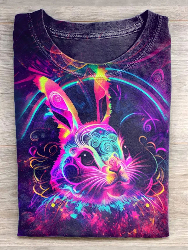 Unisex Psychedelic Rabbit Art Illustration Pattern Casual T-Shirt