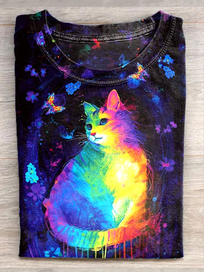 Unisex Colorful Cat Art Illustration Pattern Casual Round Neck T-Shirt